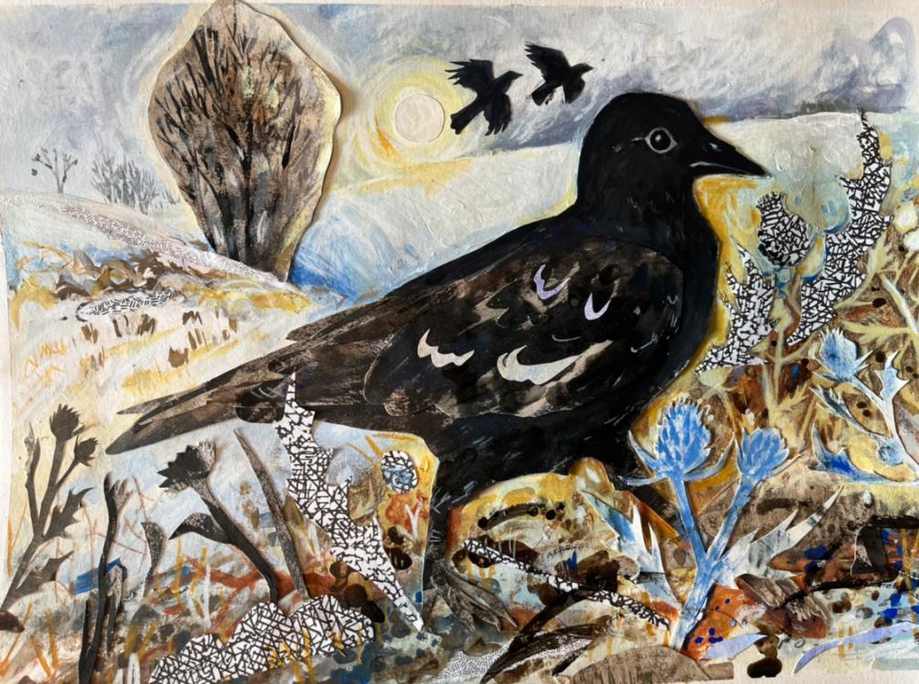 A collage of crows in a winter landscape. 