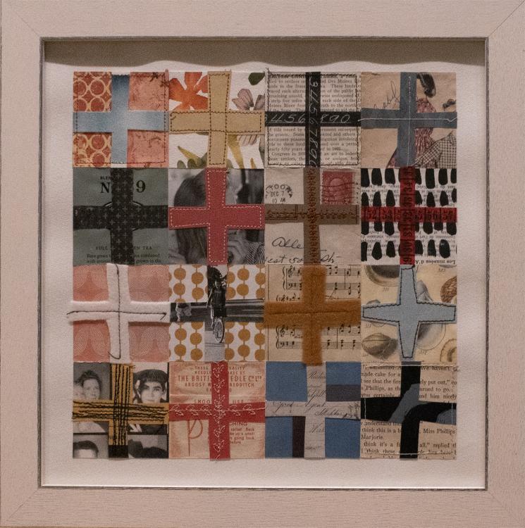 Colorful mixed media artwork with paper and cloth squares overlaid by a grid of paper and cloth crosses. 