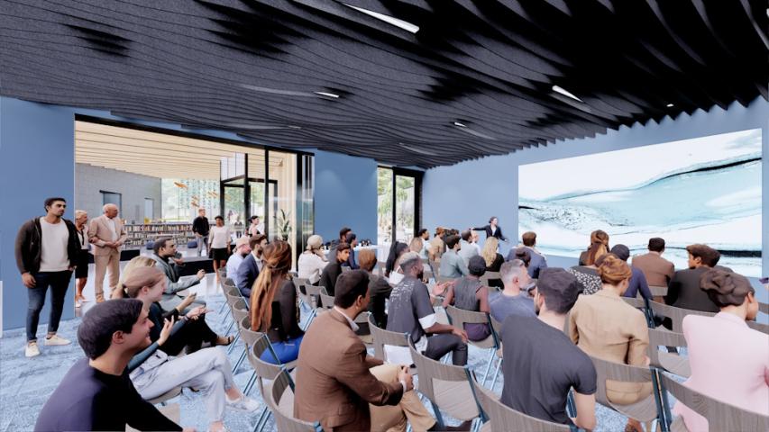 Artist rendering of a group of people seated facing one wall of a meeting room