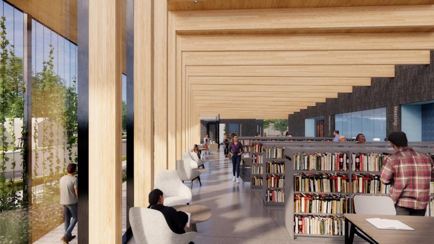 Artist rendering of a sunny area of shelves full of book surrounding seating area