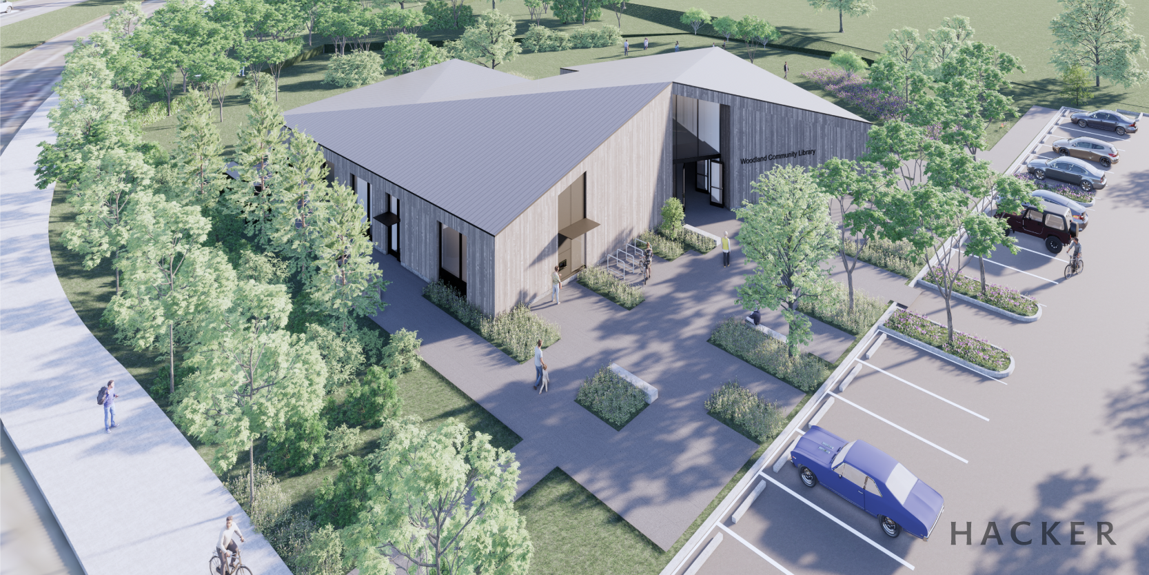 Aerial rendering of the new Woodland Community Library building 