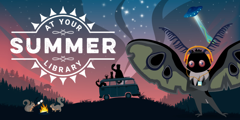 Two squirrels roast marshmallows over a campfire against a forest background with a starry sky while Sasquatch, Chupacabra, and Kraken drive by in a VW van, Mothman looks on from the foreground, and a UFO hovers overhead.  