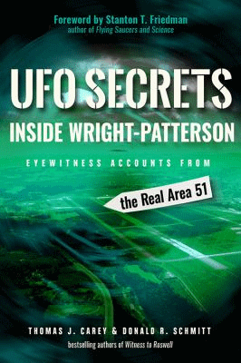 Green tinted aerial view with UFO Secrets Inside Wright-Patterson on top