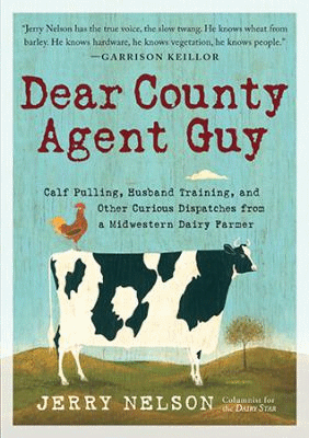 Chicken standing atop a holstien cow on cover of Dear County Agent Guy