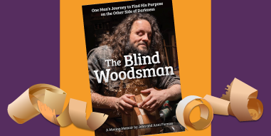 Book cover The Blind Woodsman photo John Furniss doing woodworking