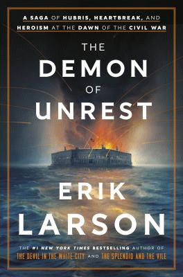 Demon of Unrest Cover features fire and explosions in a fort on the water