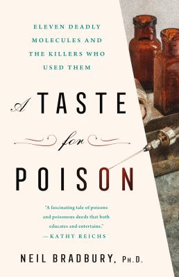 A Taste for Poison with image of brown bottles and a metal syringe to the side