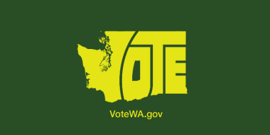 Green background Yellow word vote in shape of Washington State