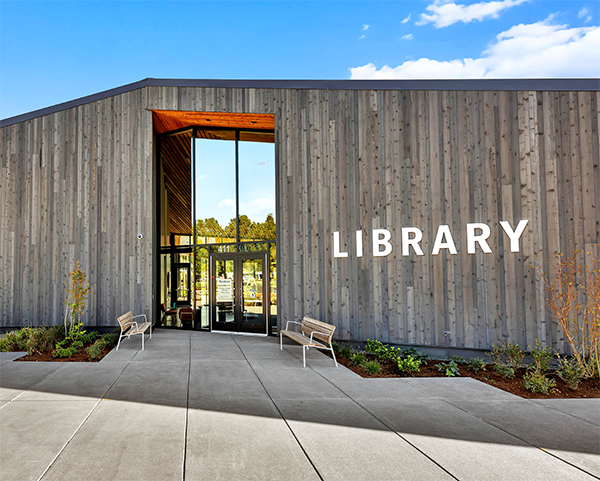 A view of the Woodland Library at 411 Lakeshore Drive