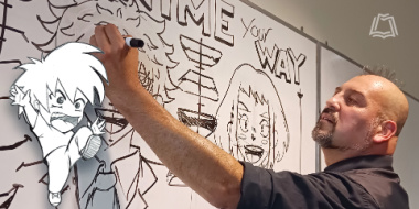 Man drawing anime on white board