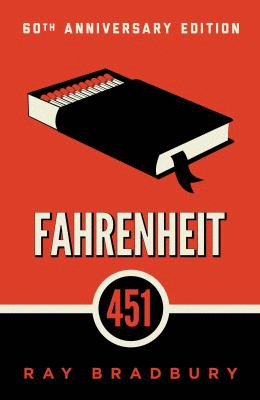 Image of a book as matchbox above "Fahrenheit 451"