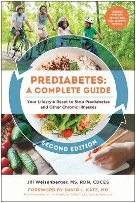 photo of family riding bikes above photo of fresh veggies with arrowed circle in between reading Prediabetes: A Complete Guide