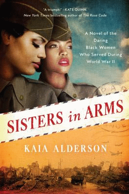 Black women in military uniform of WWII above Sisters in Arms and a picture of bombed out streets