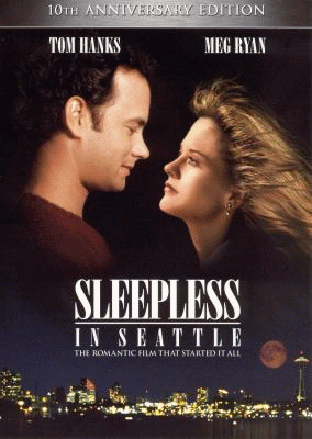 Cover of Sleepless in Seattle, featuring a cis couple leaning in for a kiss