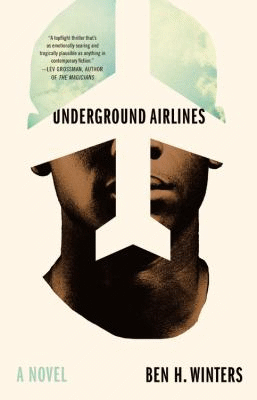 Undergound airlines superimposed over an airplane shape, covering the face of a black man, that turns into sky at the top