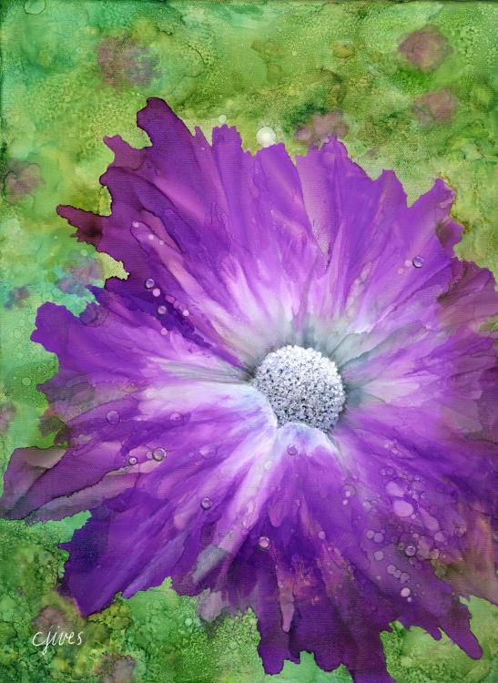 Watercolor of a purple flower with water droplets on the petals on a green background