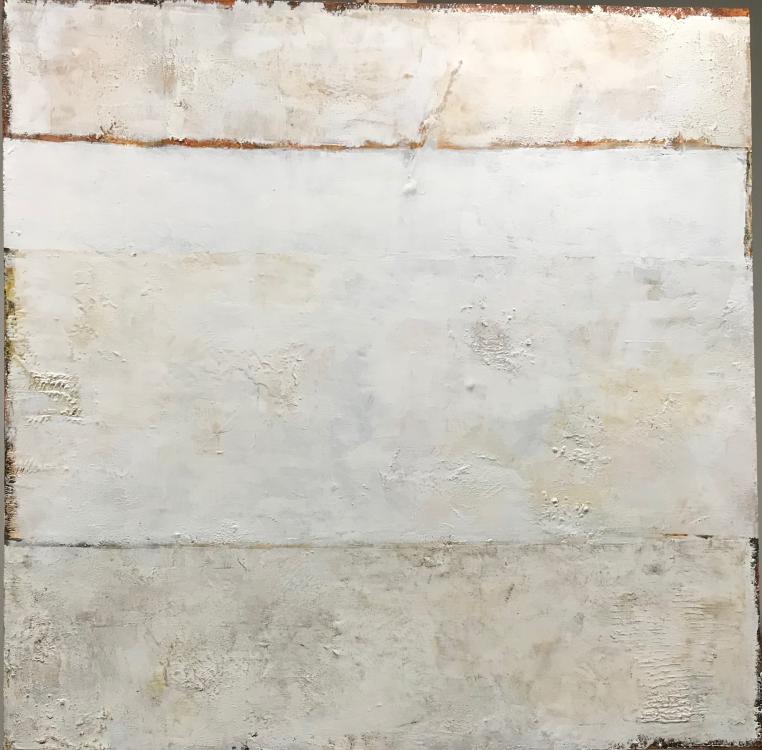 Heavy, textured layers of white in three distinct, horizontal blocks on a square