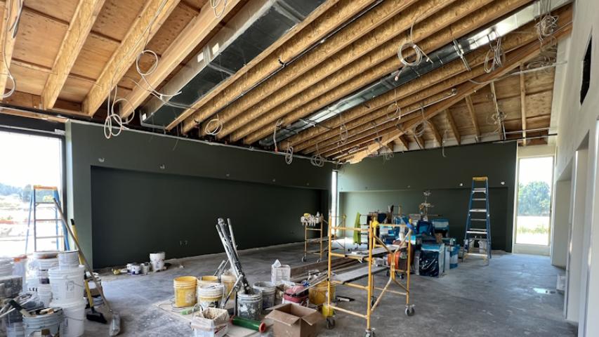 Dark green wall finishes with the floor and ceiling still under constructions